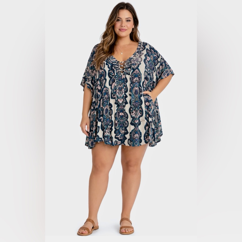 RAISINS CURVE Boho Medallion Print Blue White Hooded Lace Up Swim Cover Up Tunic